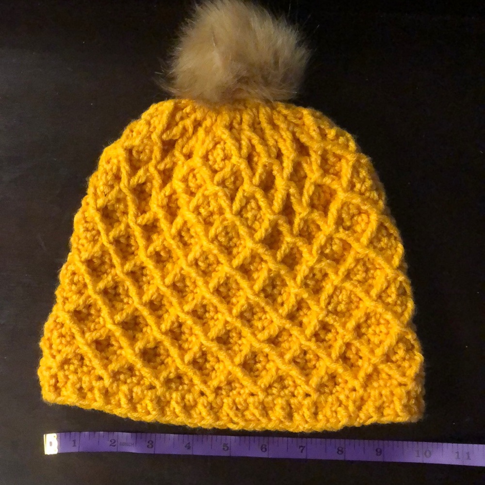 Mustard yellow handmade crochet beanie. Interchangeable pom pom. NWOT